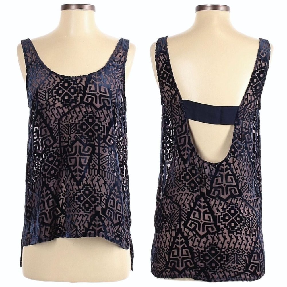 🌺 Patterson J. Kincaid Velvet Boho Brocade Print Open Back Sheer Blouse Size S